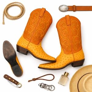 Tony Lama Ostrich Cowboy Boots Men's 10 EE Yellow Leather Exotic Western USA GUC